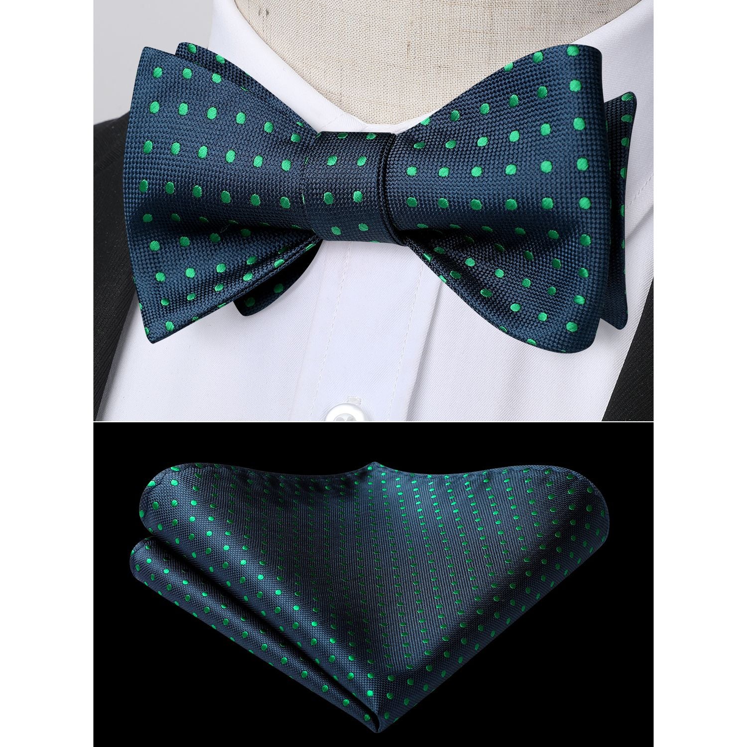 Polka Dots Bow Tie & Pocket Square - C6-BLACK/GREEN