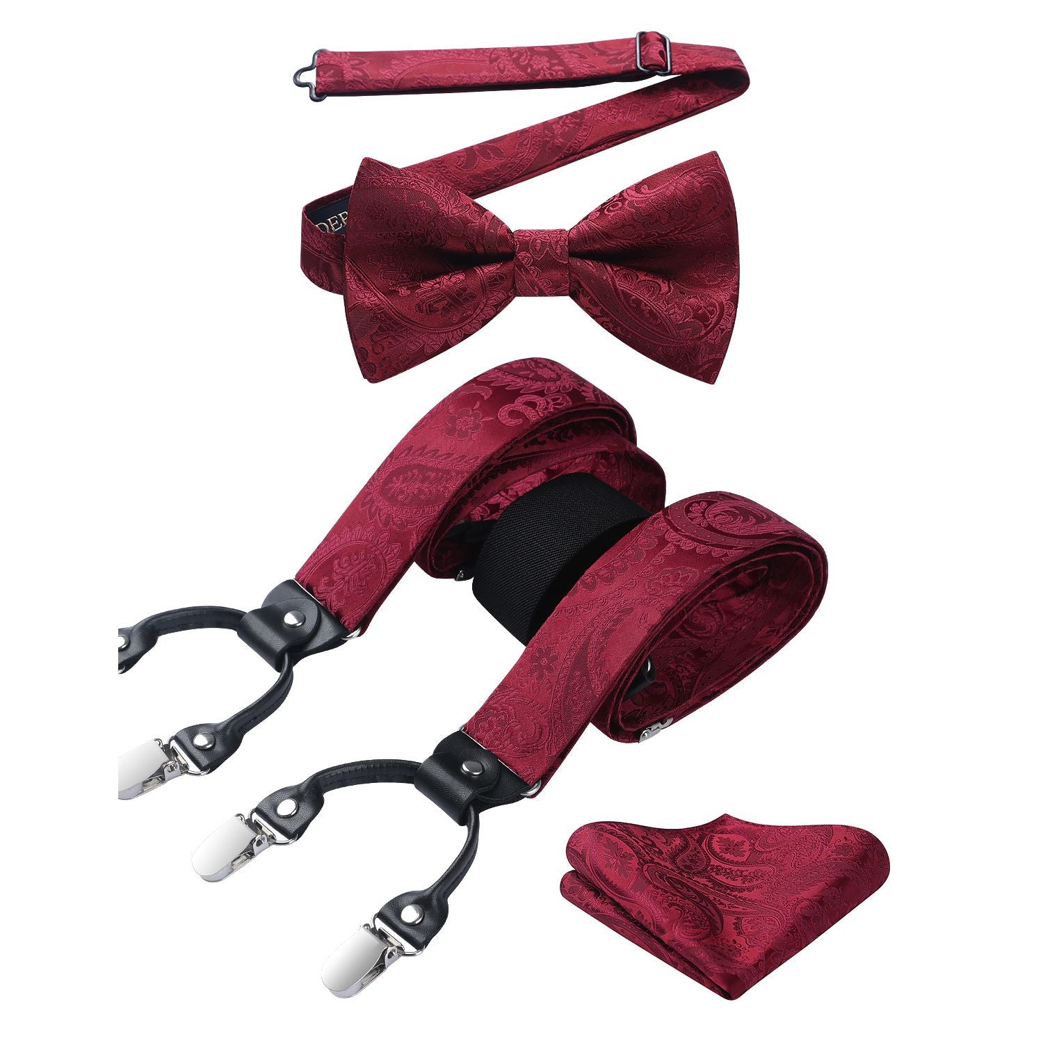 Paisley Floral Suspender Pre-Tied Bow Tie Handkerchief - C6-MAROON