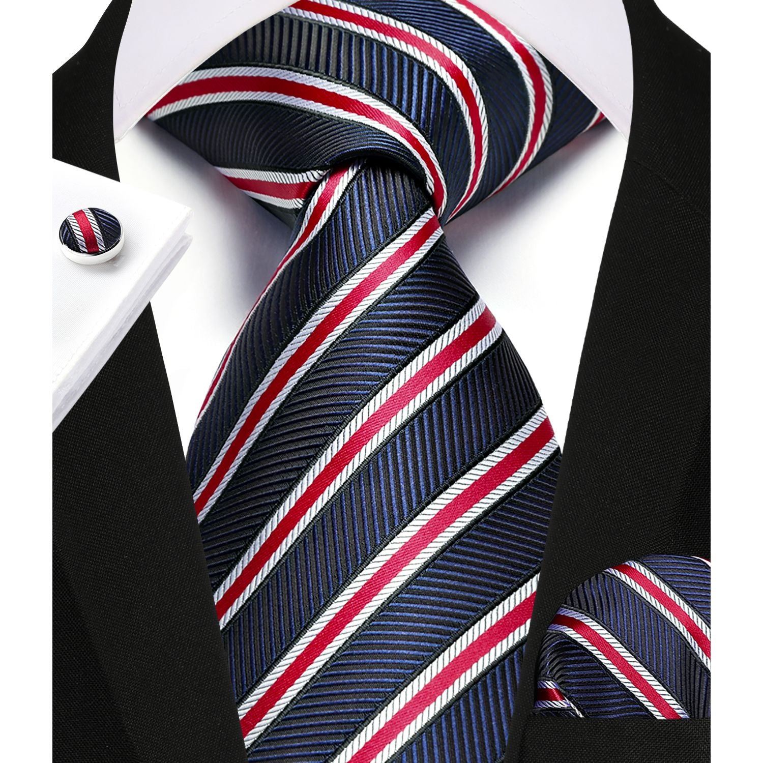 Stripe Tie Handkerchief Cufflinks - B03-NAVY BLUE/RED