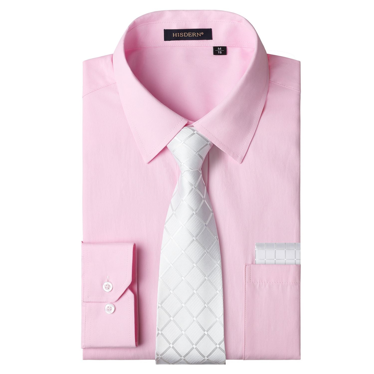 Men's Shirt with Tie Handkerchief Set - 05-PINK/WHITE