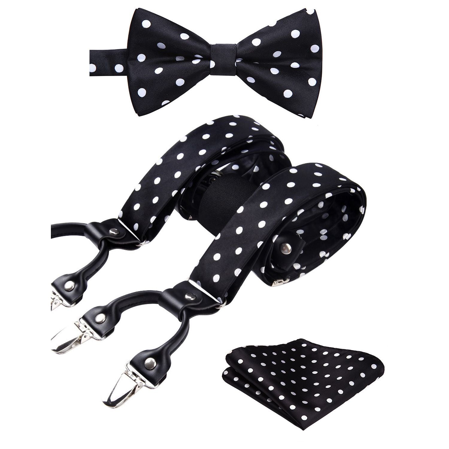 Polka Dot Suspender Pre-Tied Bow Tie Handkerchief - C4-BLACK