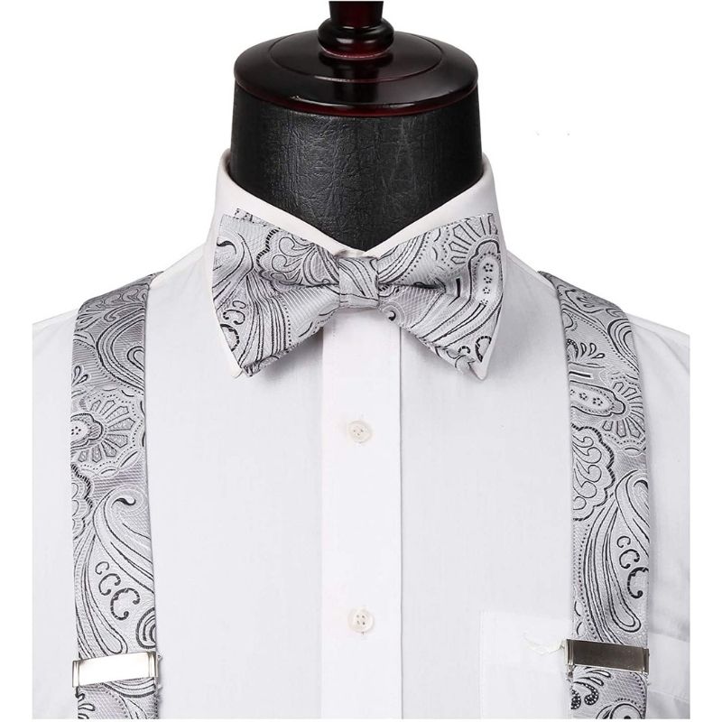 Paisley Floral Suspender Pre-Tied Bow Tie Handkerchief - B2-SILVER/GRAY