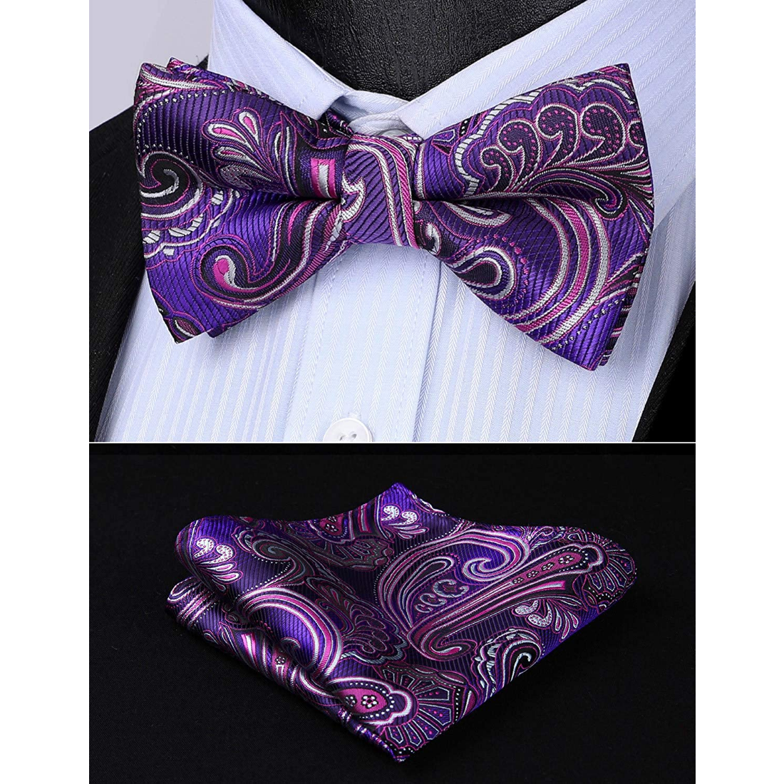 Paisley Pre-Tied Bow Tie & Pocket Square - D-PURPLE 2