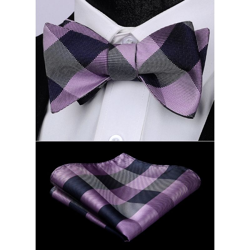 Plaid Bow Tie & Pocket Square Sets - E-PURPLE/NAVY BLUE