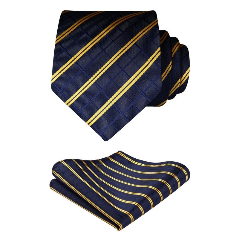 Stripe Tie Handkerchief Set - NAVY BLUE/YELLOW