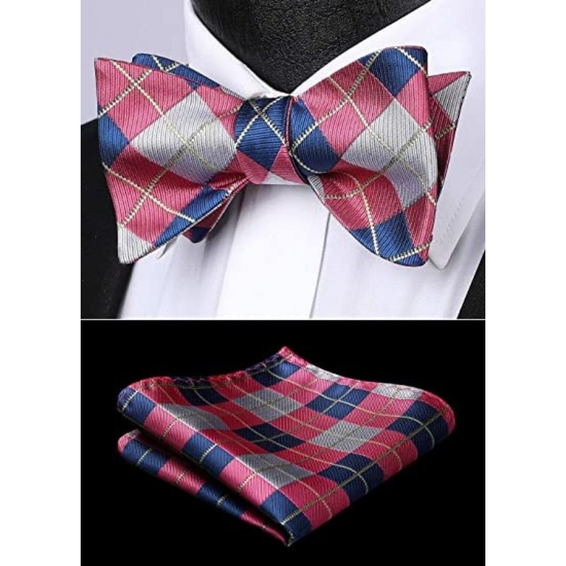Plaid Bow Tie & Pocket Square Sets - C-PINK / GRAY / BLUE