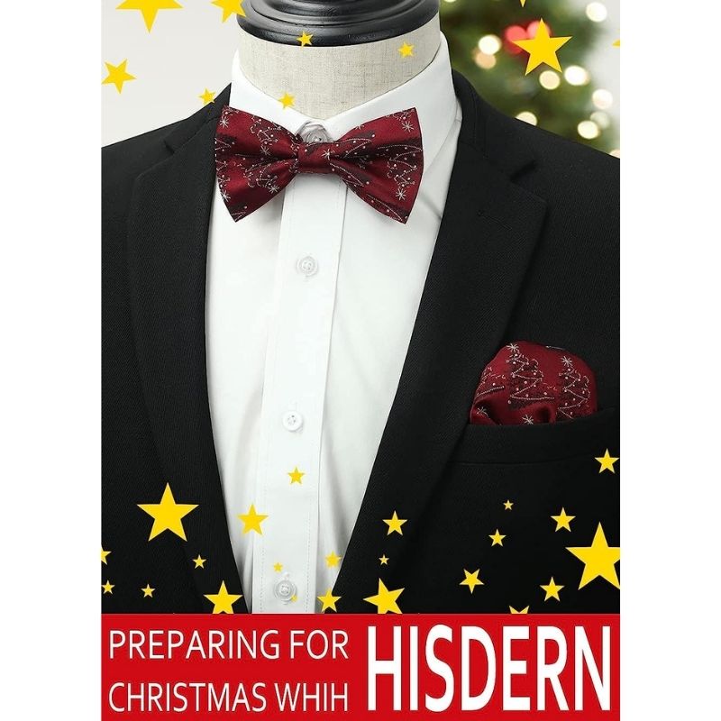 Christmas Pre-Tied Bow Tie & Pocket Square - 08-BURGUNDY/WHITE