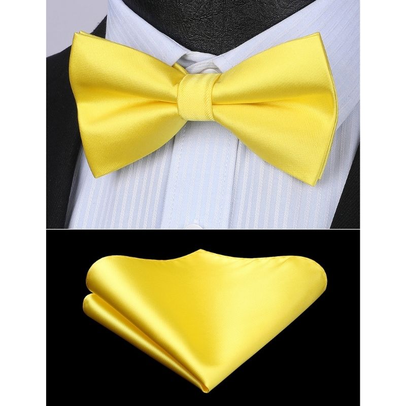 Solid Pre-Tied Bow Tie & Pocket Square - Y-LEMON YELLOW