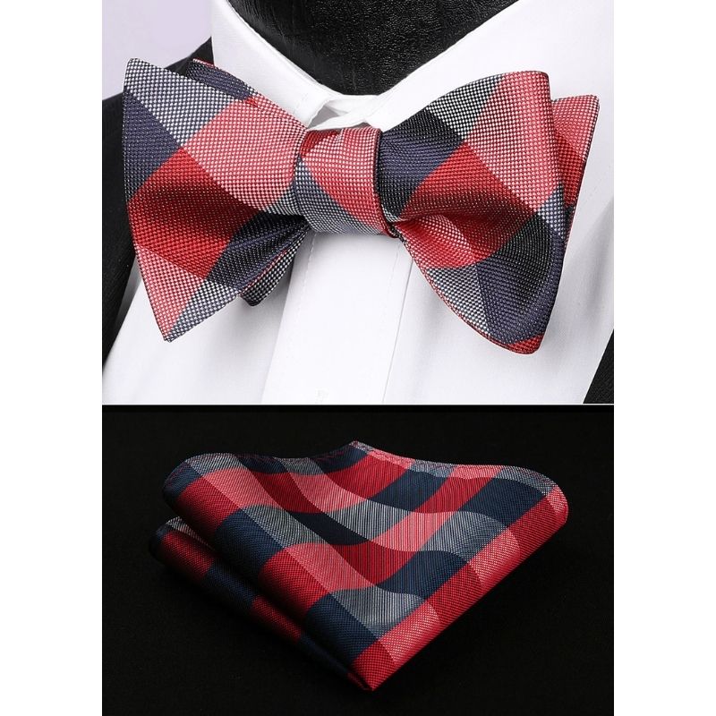 Plaid Bow Tie & Pocket Square Sets - E-NAVY BLUE/RED