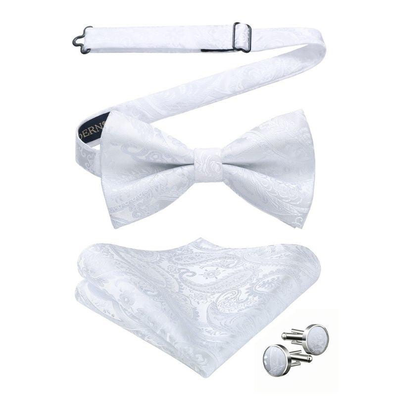 Paisley Pre-Tied Bow Tie & Pocket Square - WHITE