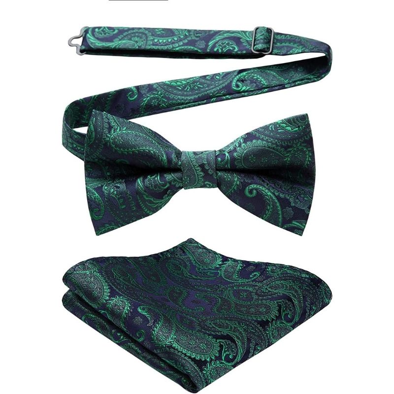 Paisley Pre-Tied Bow Tie & Pocket Square - GREEN/NAVY/PAISLEY
