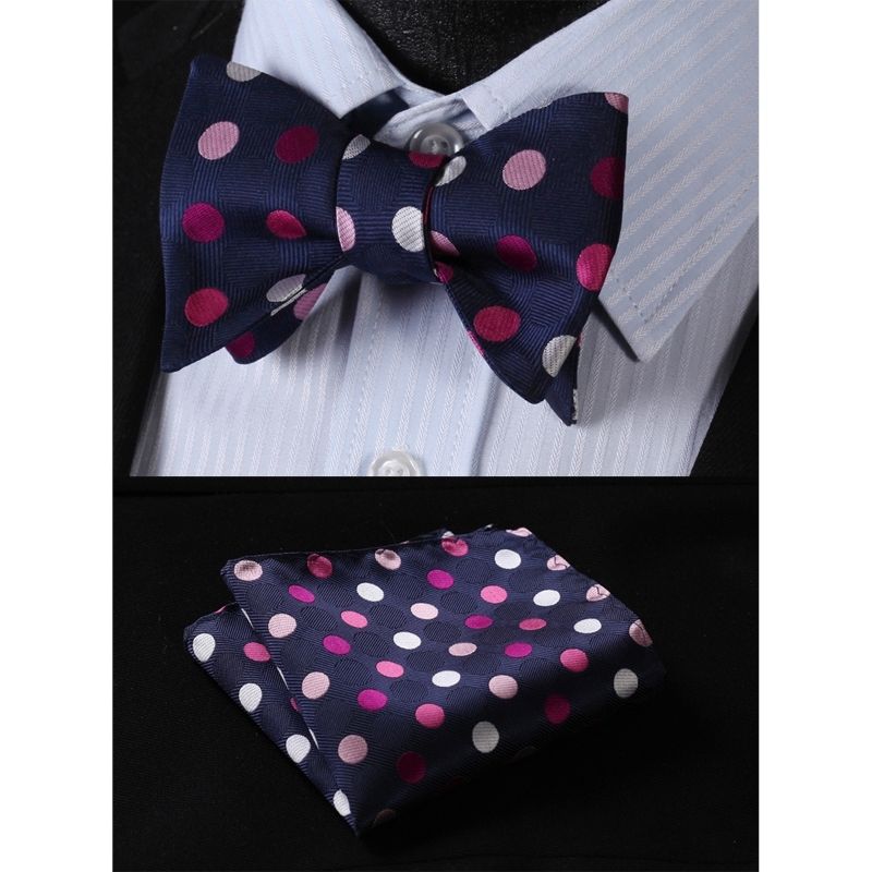 Polka Dots Bow Tie & Pocket Square - D-PINK/NAVY BLUE