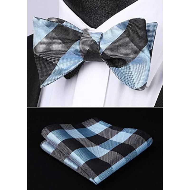 Plaid Bow Tie & Pocket Square Sets - E-GRAY/BLUE