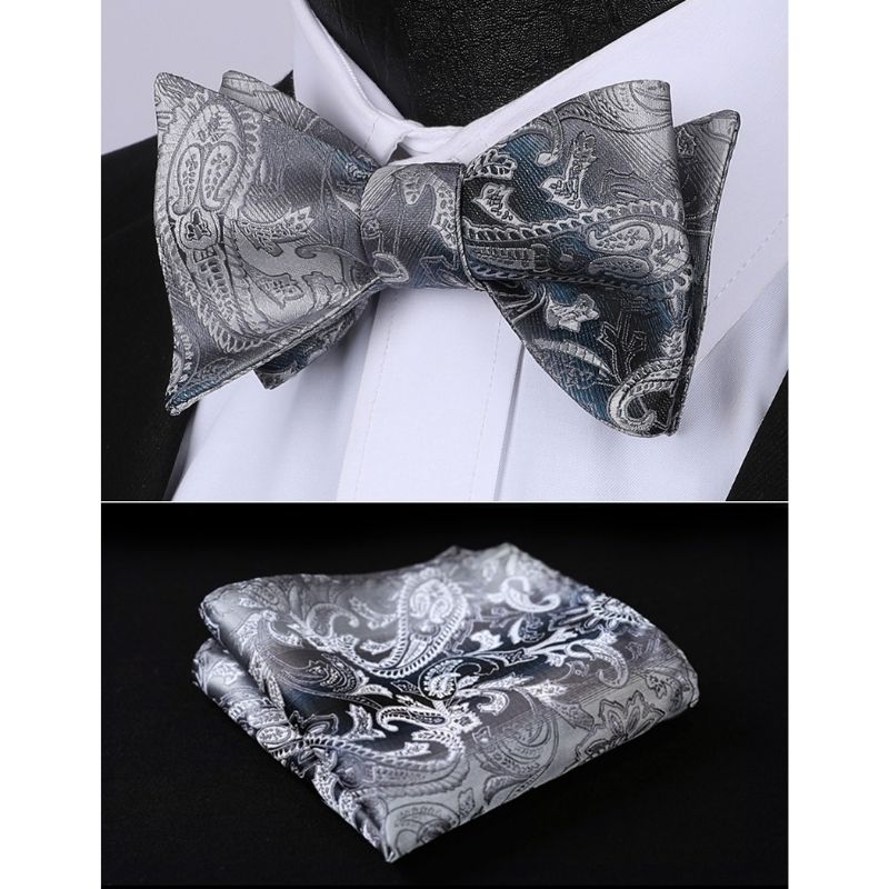 Floral Paisley Bow Tie & Pocket Square - GREY