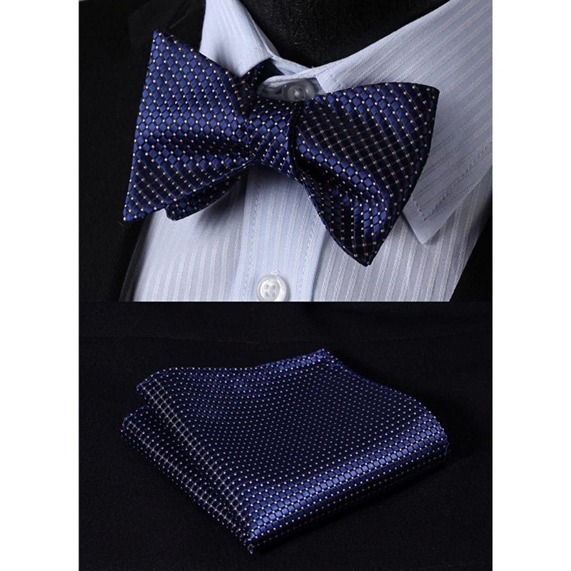 Plaid Suspender Pre Tied Bow Tie Handkerchief Navy Blue