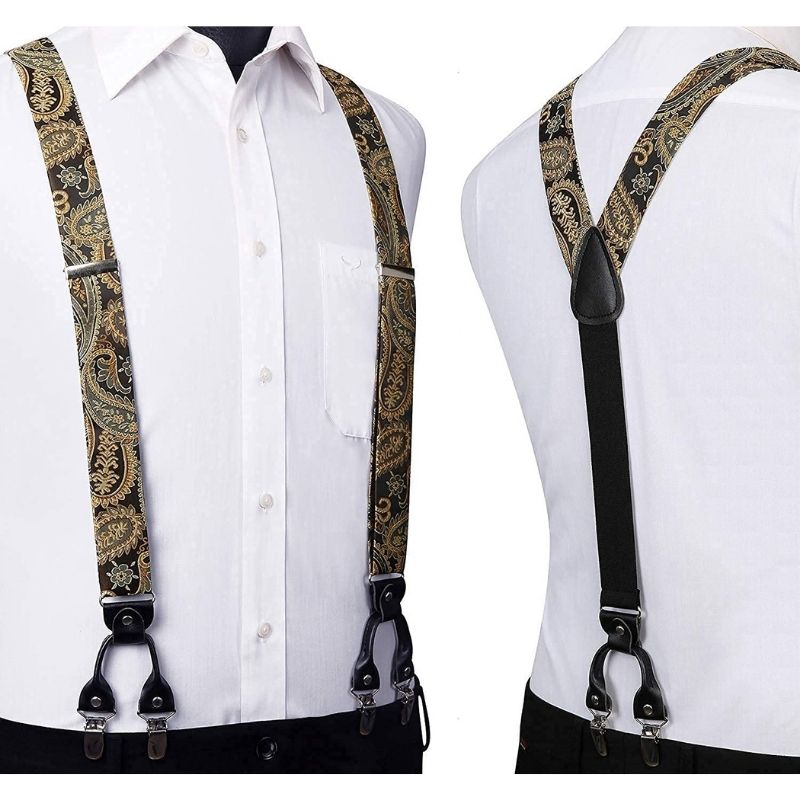 Floral Paisley Suspender Bow Tie Handkerchief 1 Gold Brown