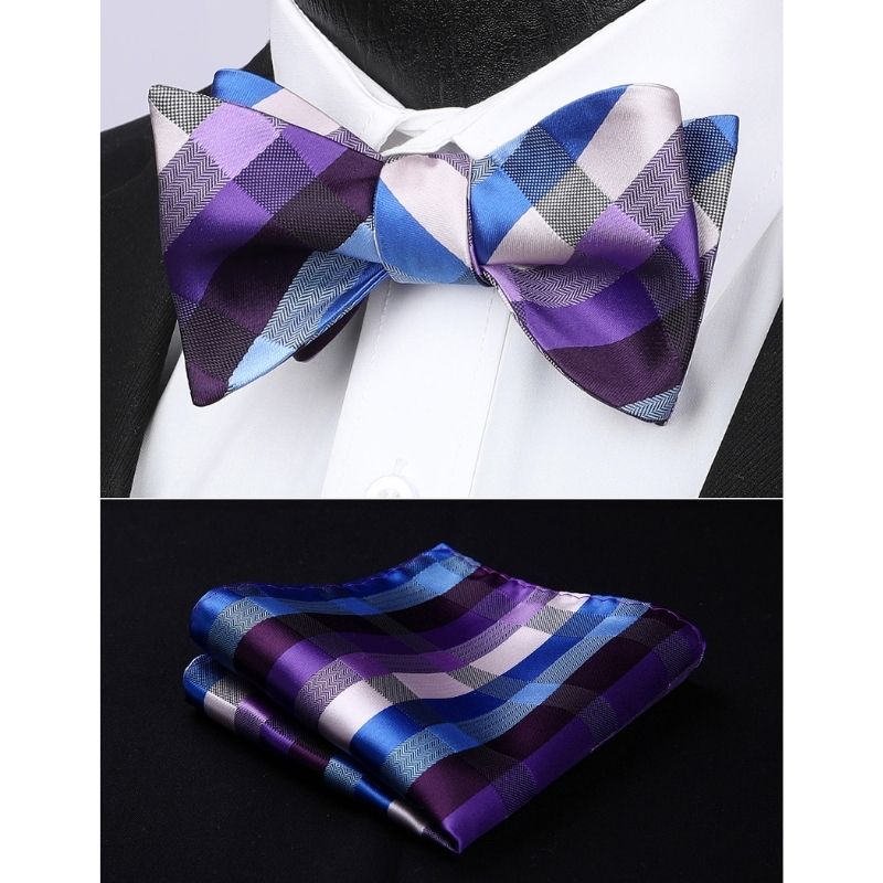 Plaid Bow Tie & Pocket Square Sets - C-PURPLE/BLUE