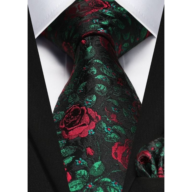 Floral 3.4 inch Tie Handkerchief Set - 10-RED ROSE