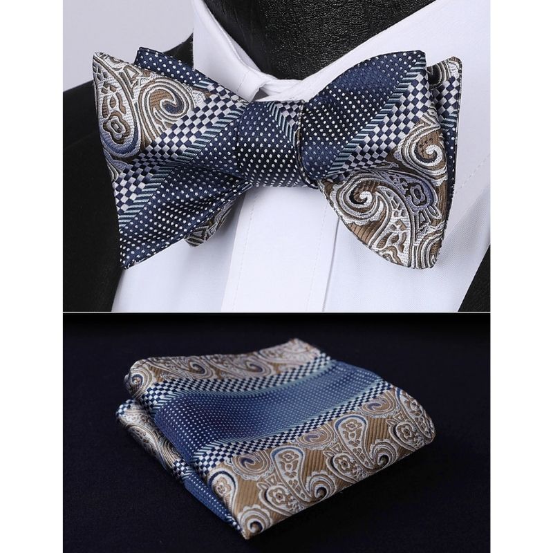 Floral Paisley Bow Tie & Pocket Square Sets - 03-BROWN/BLUE