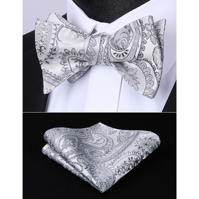 Paisley Floral Bow Tie & Pocket Square - 02-GREY / SILVER