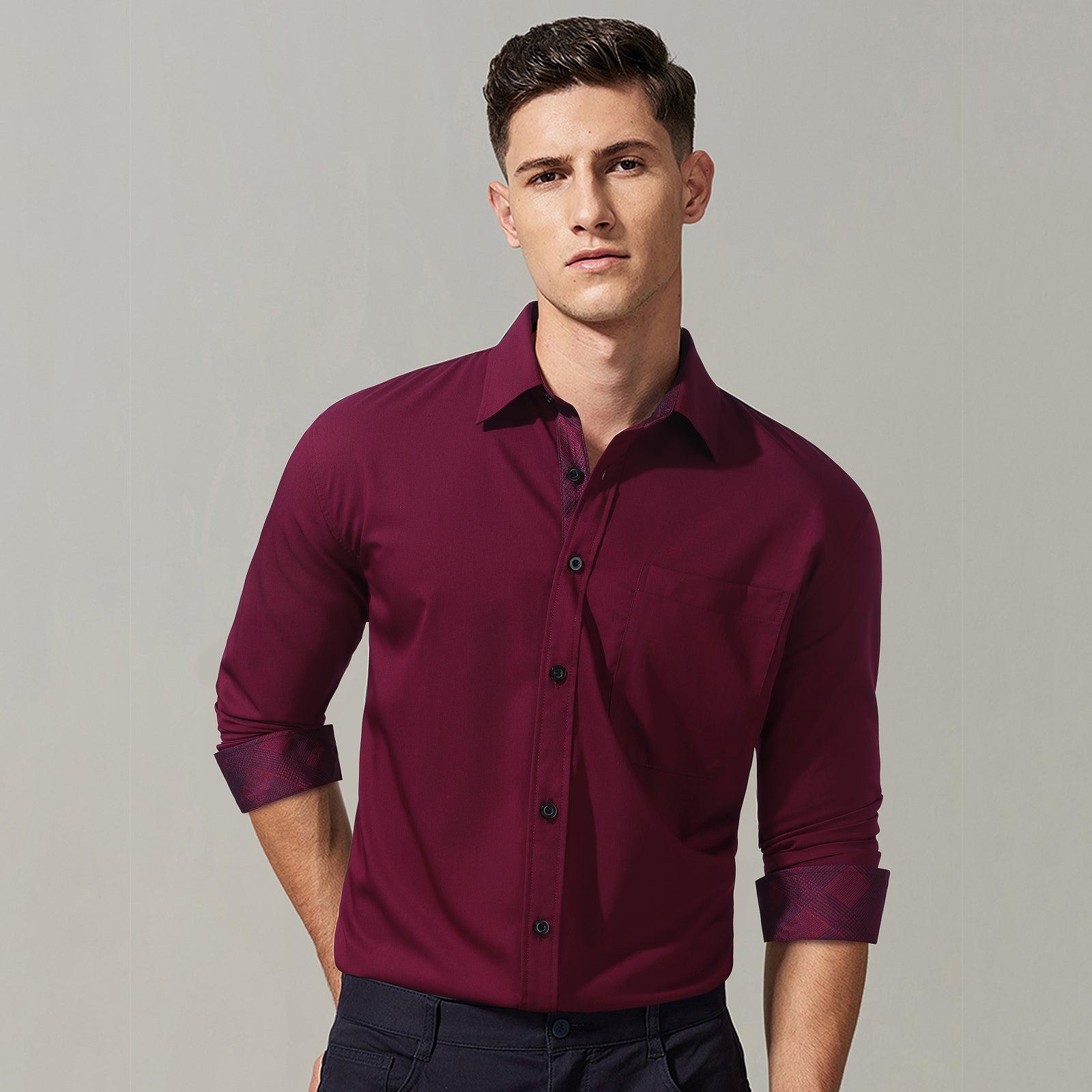 Casual Formal Shirt with Pocket - 07-BURGUNDY