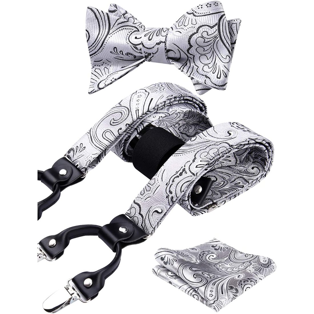 Paisley Floral Suspender Bow Tie Handkerchief - SILVER/BLACK