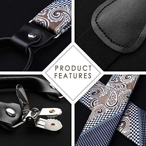 Floral Paisley Suspender Bow Tie Handkerchief 9 Brown Navy Blue 01