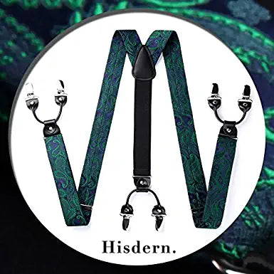 Floral Paisley Suspender Pre Tied Bow Tie Handkerchief 9 Green Navy Blue 02