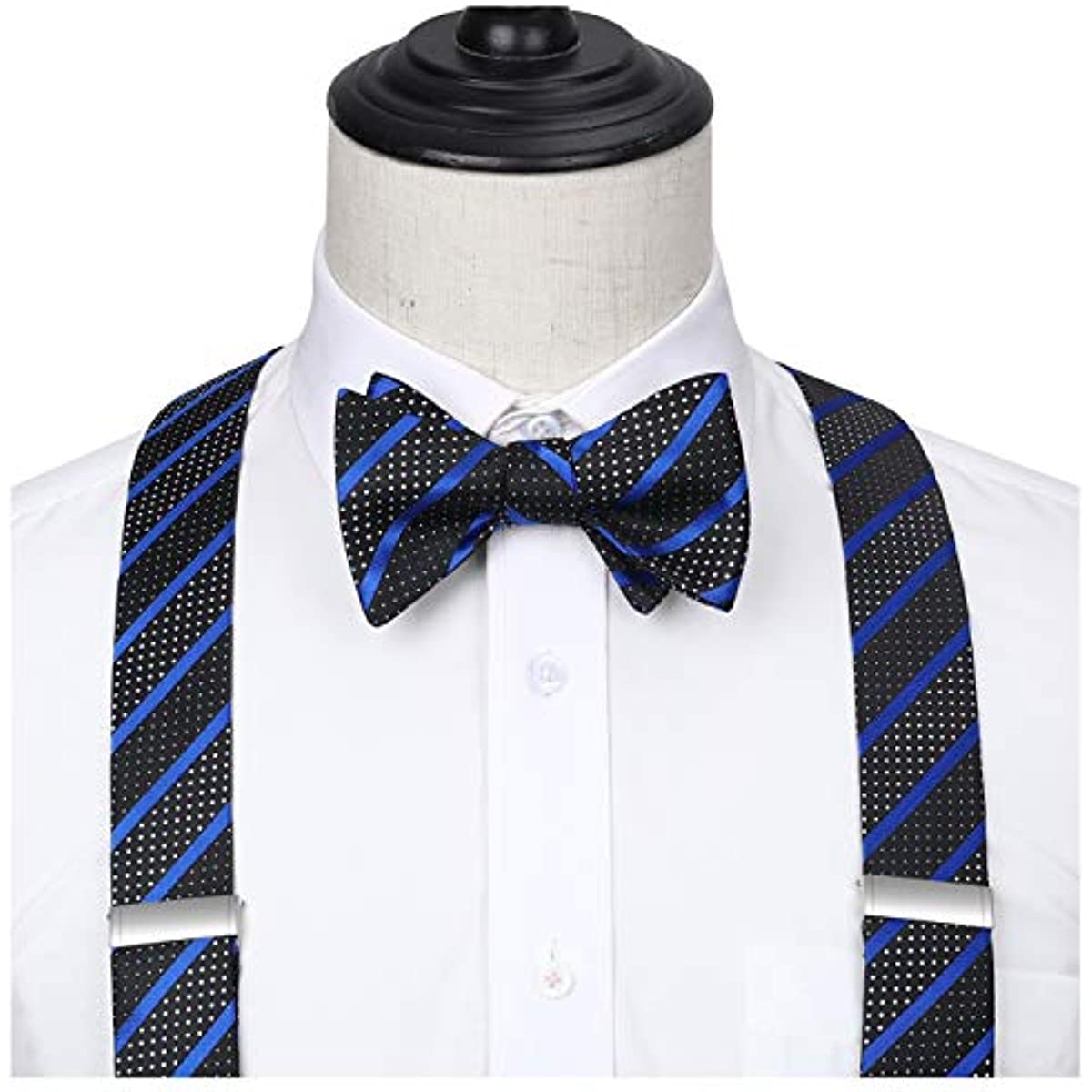 Stripe Suspender Bow Tie Handkerchief - BLACK/NAVY BLUE