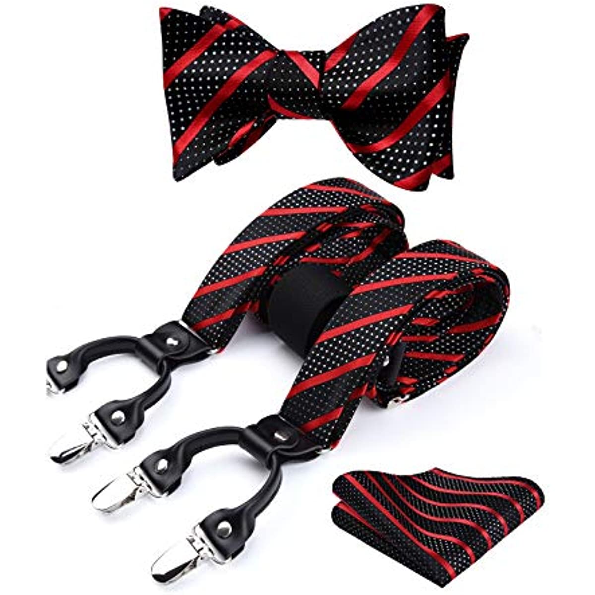 Stripe Suspender Bow Tie Handkerchief - RED/BLACK