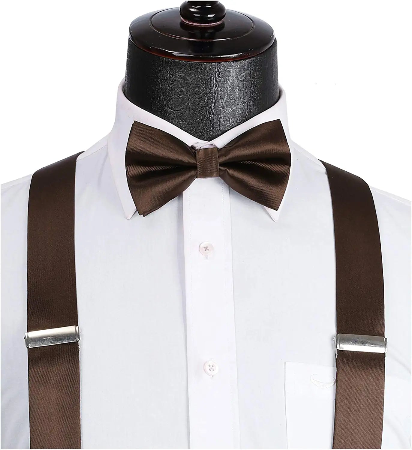 Solid Suspender Pre Tied Bow Tie Handkerchief A8 Brown