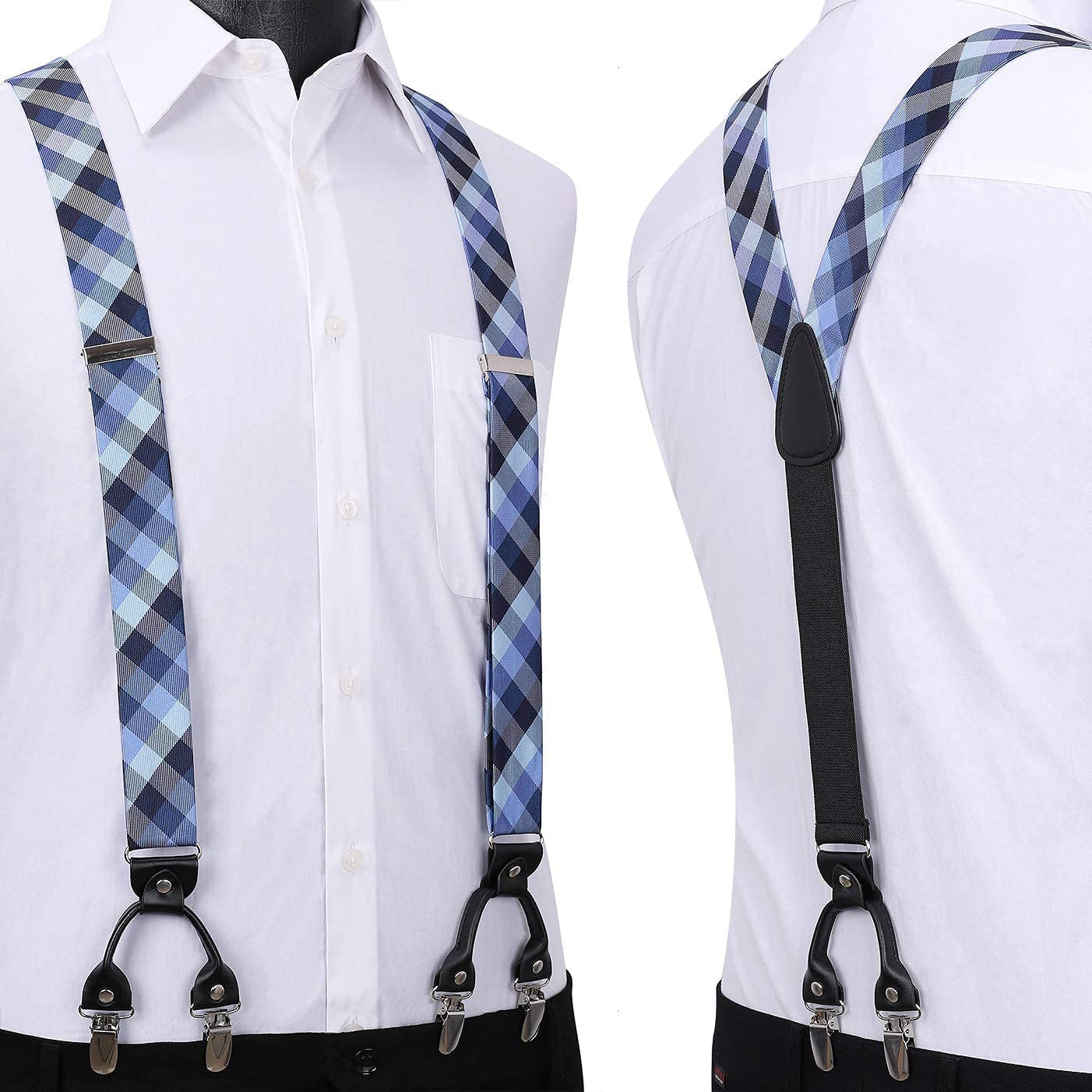 Plaid Suspender Bow Tie Handkerchief 02 Steel Blue Gray