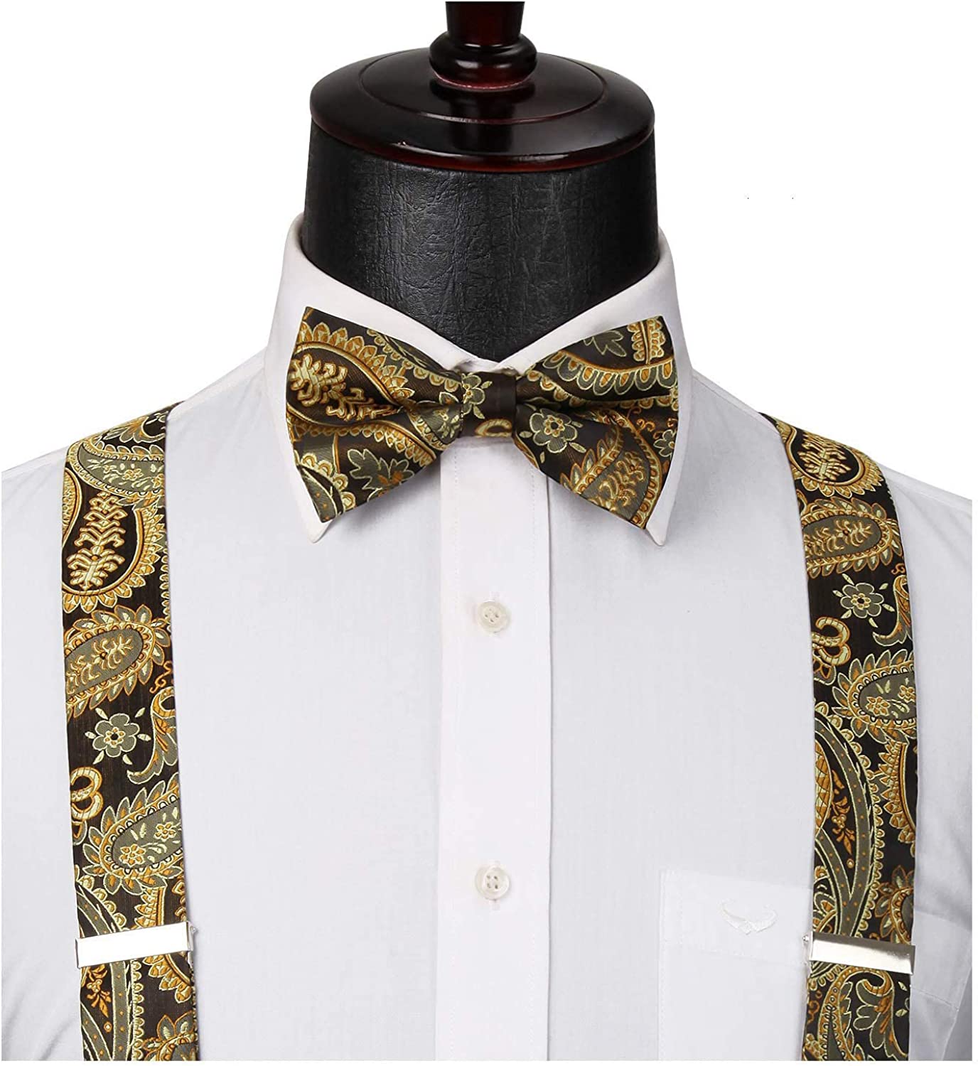 Floral Paisley Suspender Pre Tied Bow Tie Handkerchief B5 Brown Gold