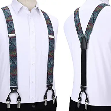 Floral Paisley Suspender Bow Tie Handkerchief 2 Blue Green Gold