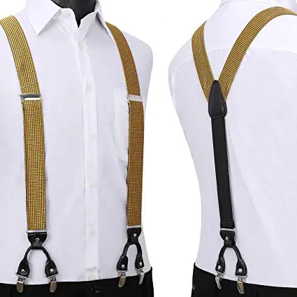Plaid Suspender Pre Tied Bow Tie Handkerchief B7 Gold
