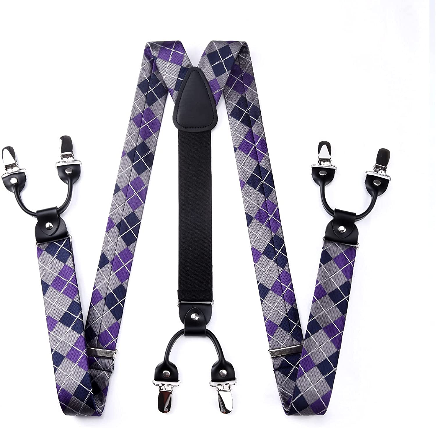 Plaid Suspender Pre Tied Bow Tie Handkerchief Purple Gray