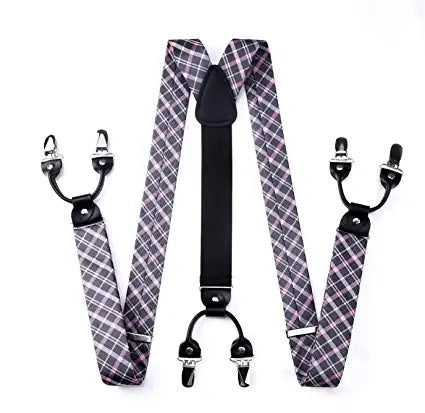 Plaid Suspender Bow Tie Handkerchief Pink Gray