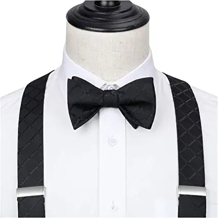 Plaid Suspender Bow Tie Handkerchief Black Plaid