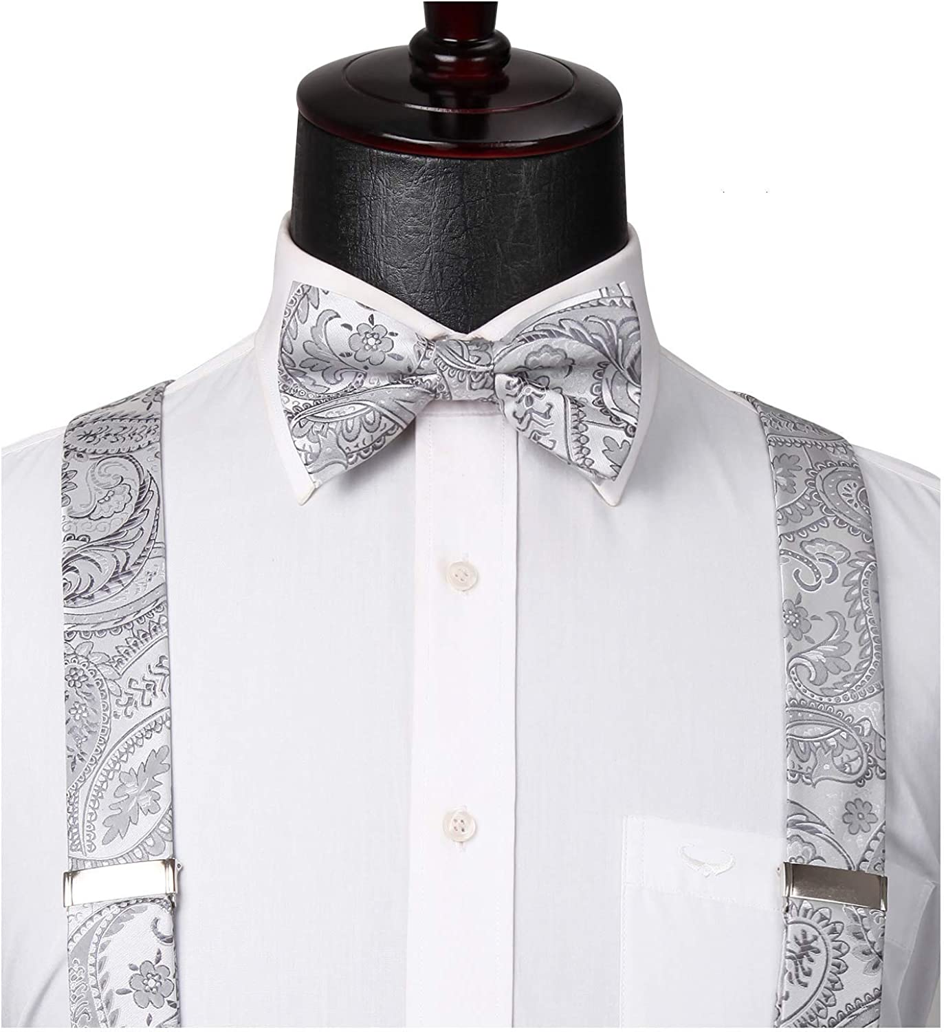 Floral Paisley Suspender Pre Tied Bow Tie Handkerchief B1 Silver Gray