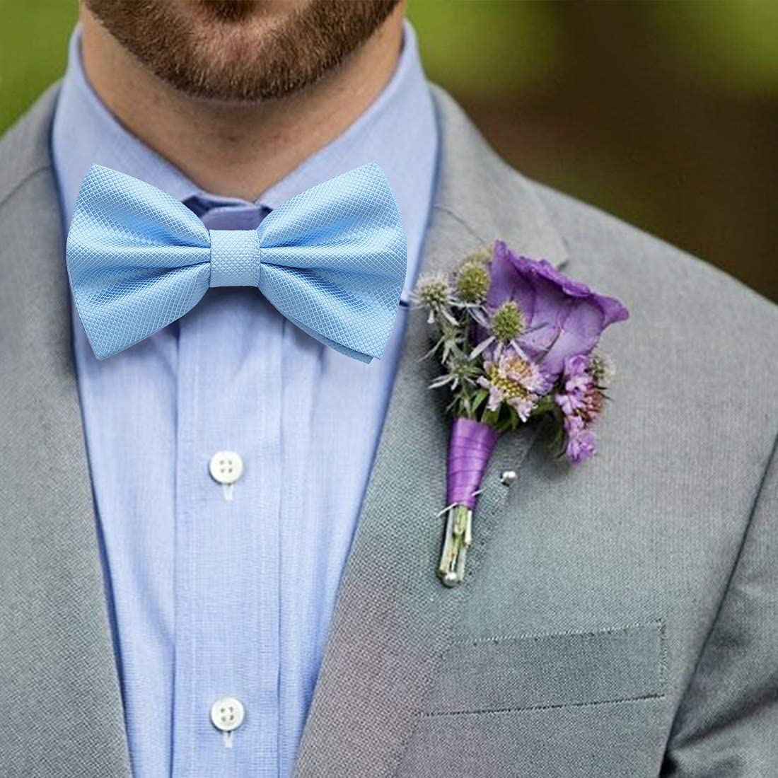 Solid Pre-Tied Bow Tie & Pocket Square - B-BLUE 3
