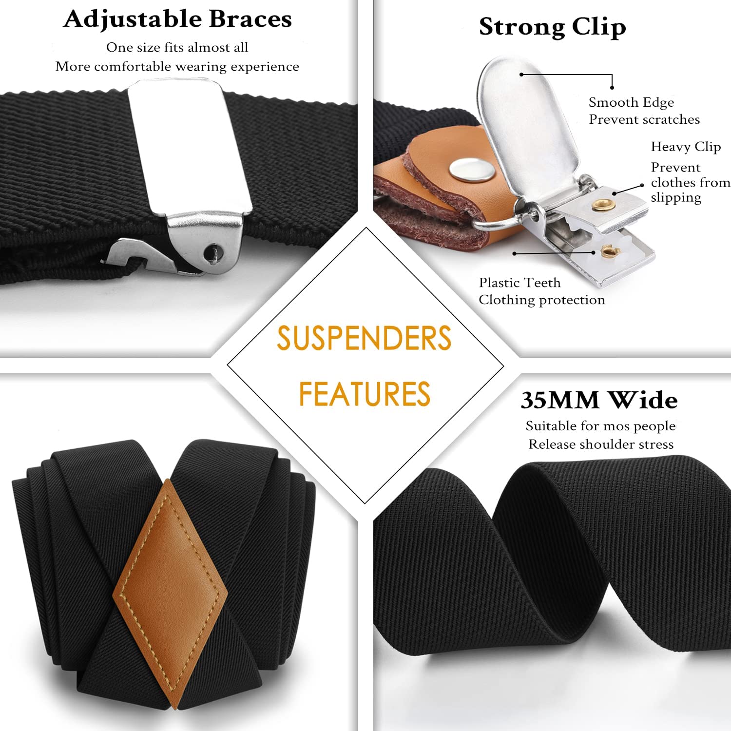 X Shaped Adjustable Suspender With 4 Clips Black