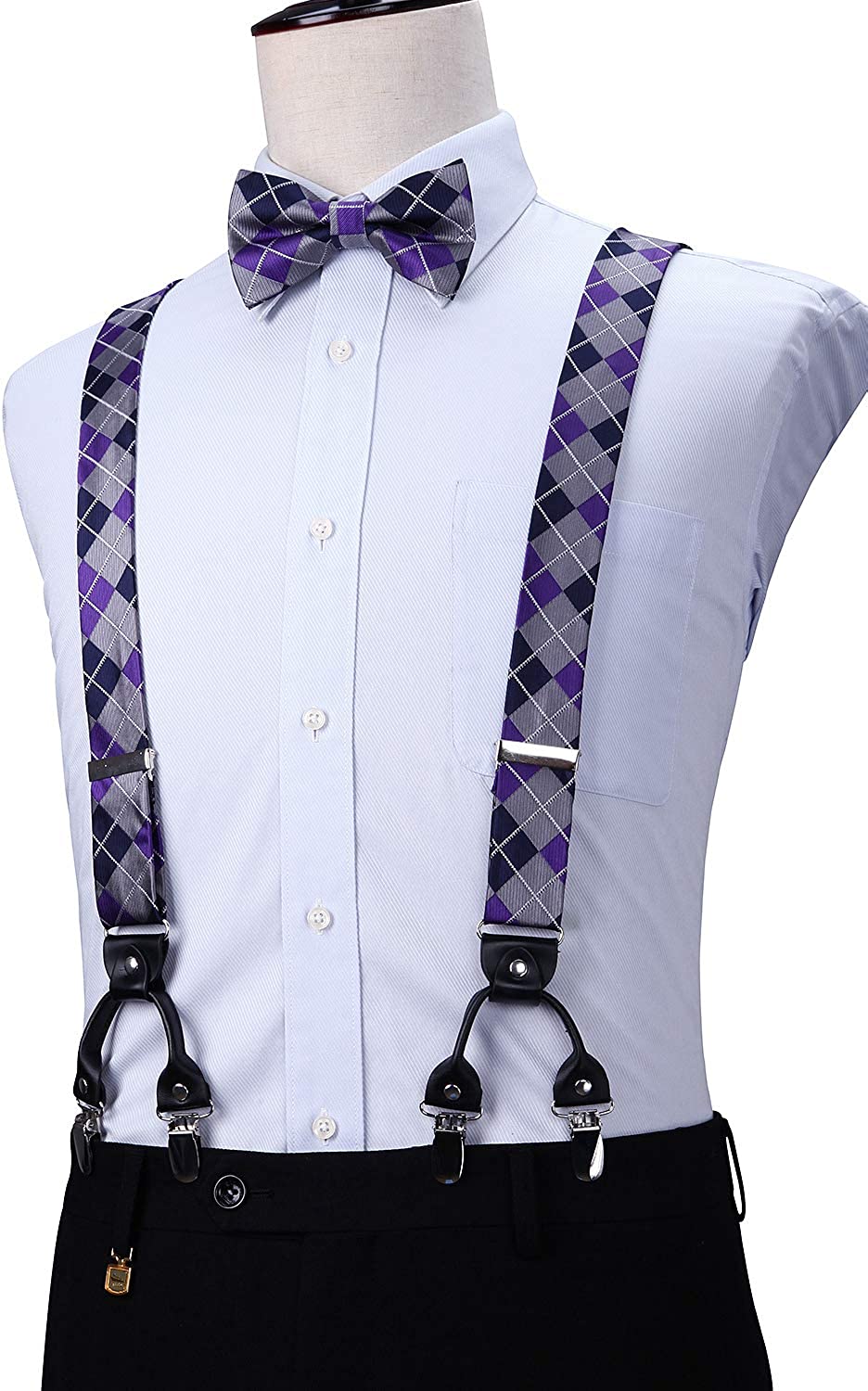 Plaid Suspender Pre Tied Bow Tie Handkerchief Purple Gray