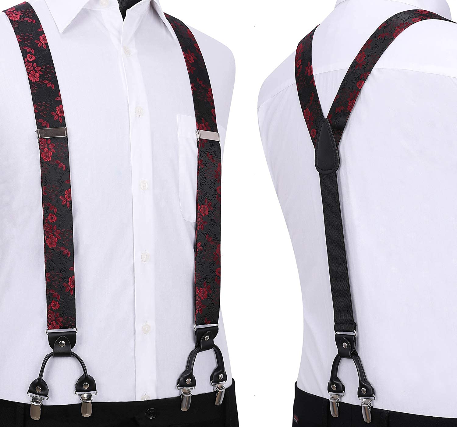 Floral Paisley Suspender Pre Tied Bow Tie Handkerchief A4 Red Black