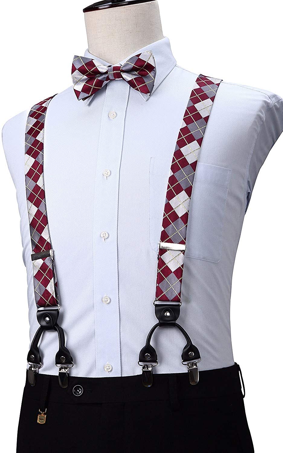 Plaid Suspender Pre Tied Bow Tie Handkerchief B11 Red