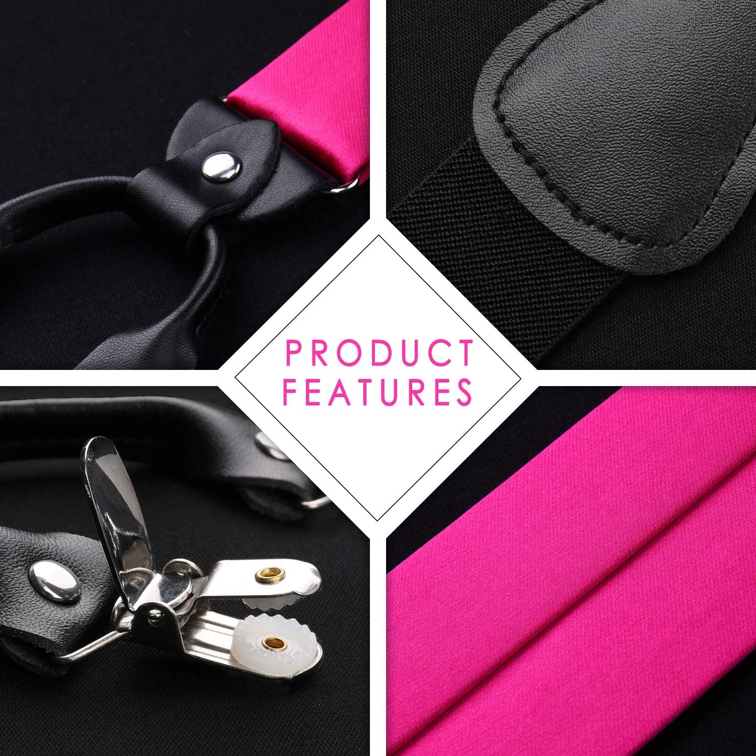 Solid Suspender Pre Tied Bow Tie Handkerchief A1 Hot Pink