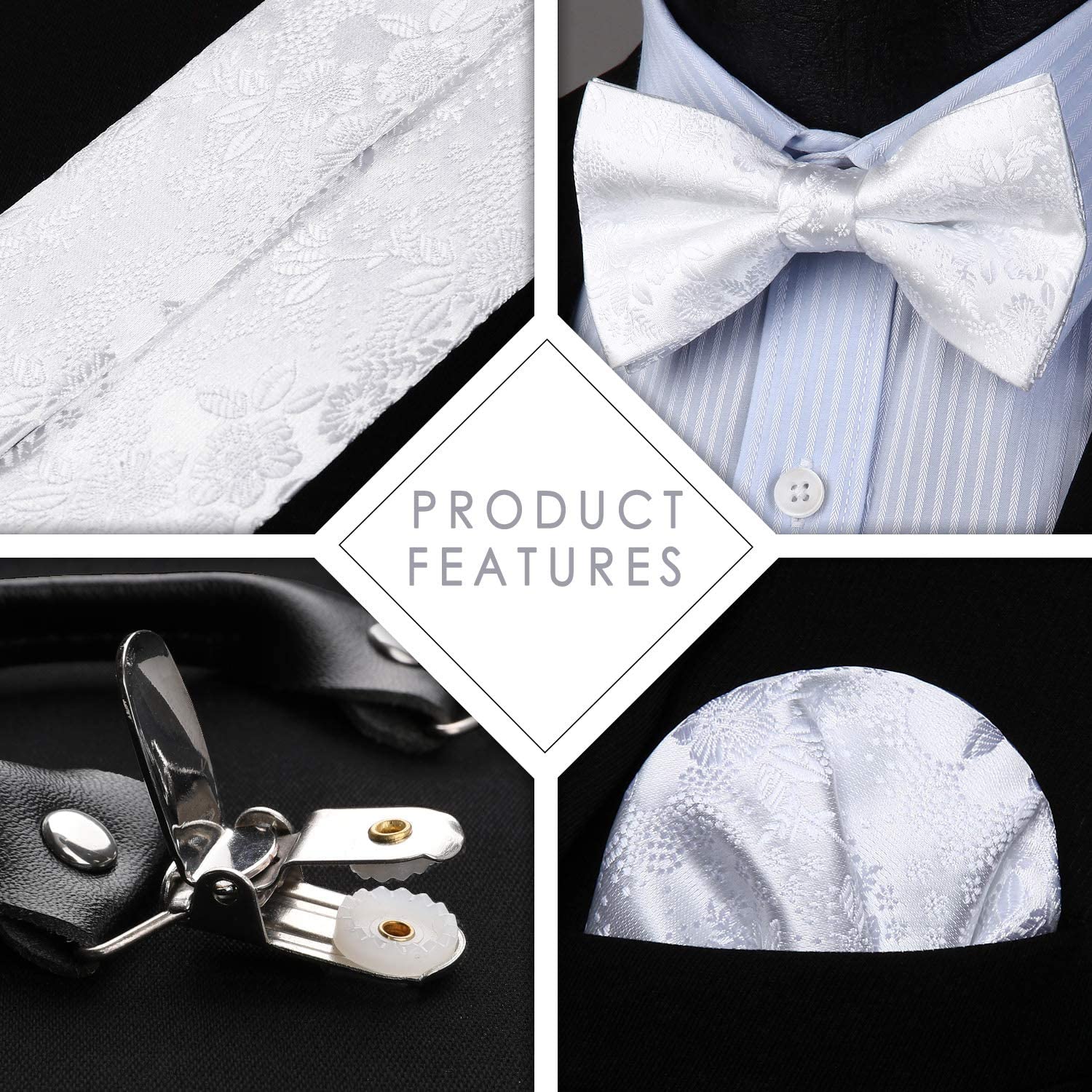 Paisley Floral Suspender Pre Tied Bow Tie Handkerchief A5 White