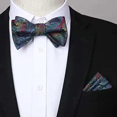 Floral Paisley Suspender Bow Tie Handkerchief 2 Blue Green Gold