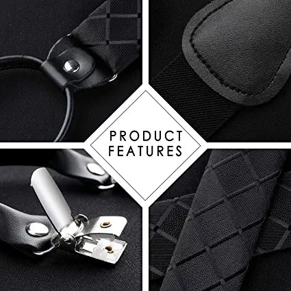 Plaid Suspender Bow Tie Handkerchief Black Plaid