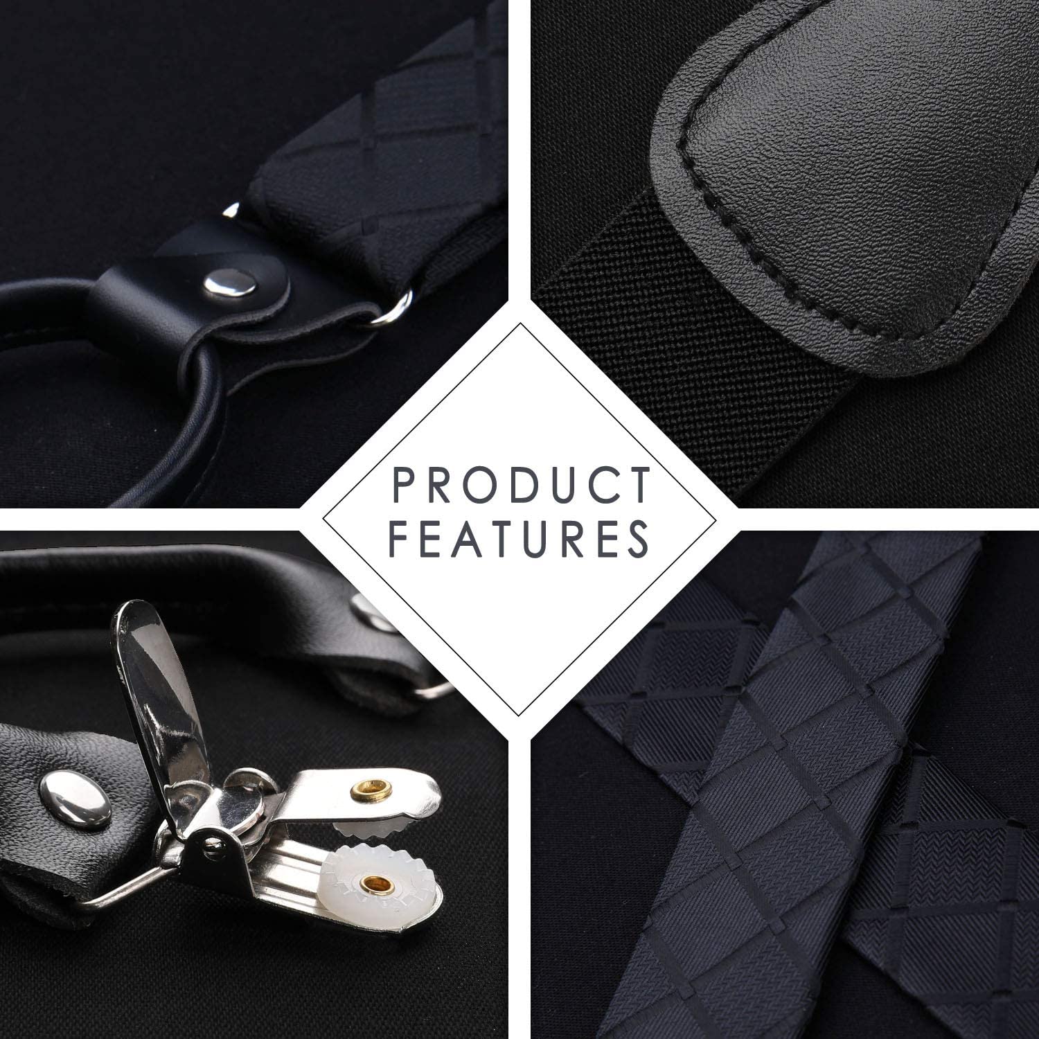 Plaid Suspender Pre Tied Bow Tie Handkerchief Black