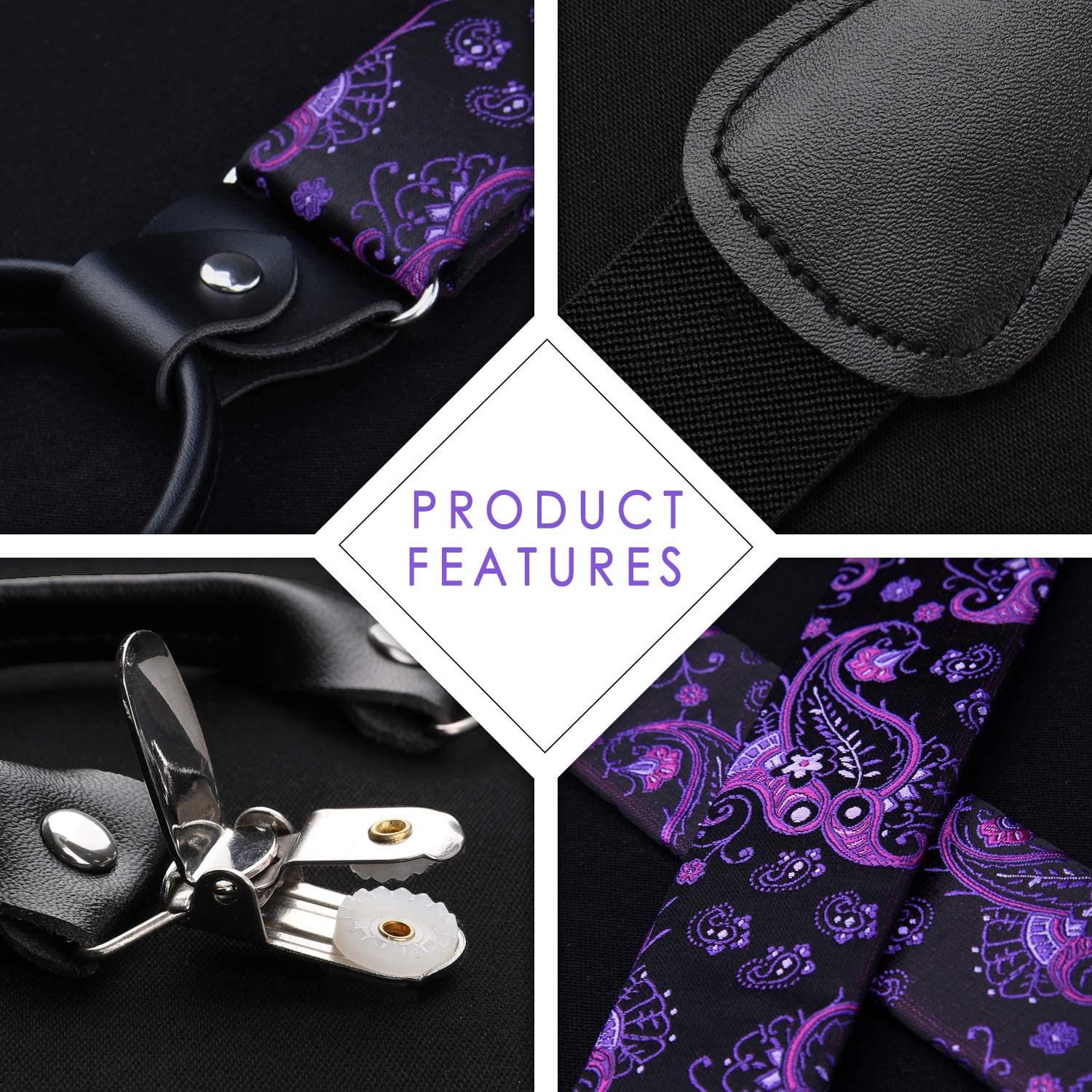 Paisley Floral Suspender Bow Tie Handkerchief - PURPLE/BLACK